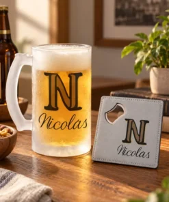 Jarra de cerveza personalizada con nombre y posavasos abridor – ART