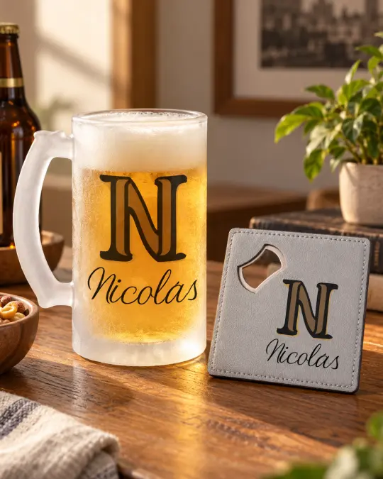 Jarra de cerveza personalizada con nombre y posavasos abridor – ART